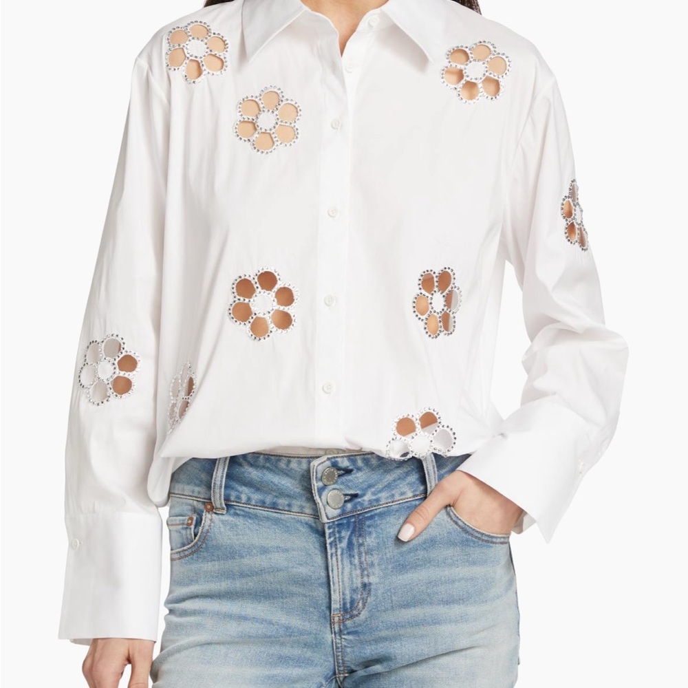 Alice + Olivia Embellished Floral Cotton Blend Button Front Shirt
